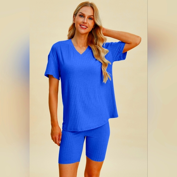 Basic Bae Full Size Ribbed V-Neck Short Sleeve Top and Shorts Set - Picture 1 of 7